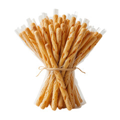 A bunch of breadsticks tied with twine in a clear plastic bag The breadsticks are golden brown and appear seasoned