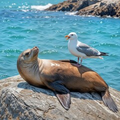 A sea lion relaxes on a rock by the ocean while a seagull perches on its  belly, appearing to be laughing