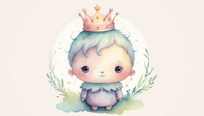 Whimsical watercolor portrait of a cute baby prince with soft blue hair. A gentle, modern fairytale character illustration.