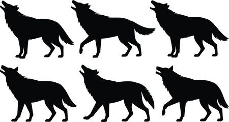 Obraz premium Six silhouettes of wolves howling at the moon