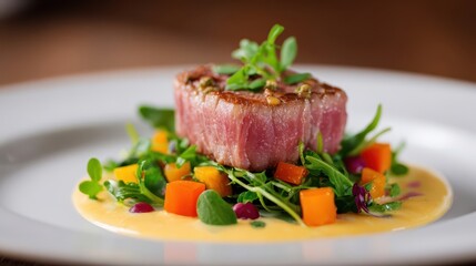 A gourmet dish featuring a seared piece of beef atop a bed of greens and colorful diced vegetables, drizzled with a creamy sauce.
