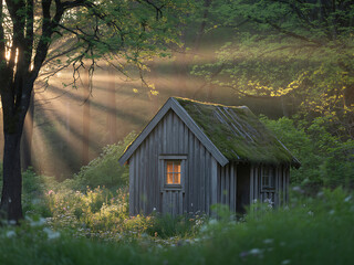 Rustic wooden cabin in sunlit forest clearing trees