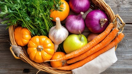 A top-down view of a wicker basket overflowing with seasonal produce including pumpkins, apples, carrots, garlic, and red onions. Autumn
