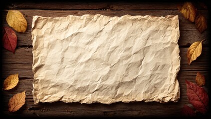 Aged parchment on rustic wood, autumnal leaves