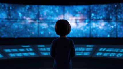 A child gazes at a mesmerizing starry sky displayed on multiple screens, evoking a sense of wonder and curiosity about the universe.