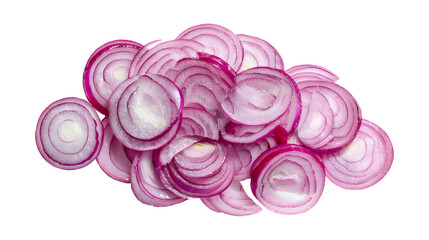 Fresh sliced red onion isolated, Raw purple onion rings set or shallot slices collection top view isolated on a white background