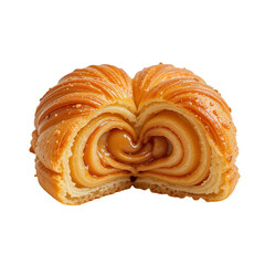 Heart shaped caramel filled croissant pastry split open to show filling