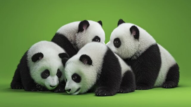 A group of four panda bears sitting together on a plain green background looking at the camera green screen animal video