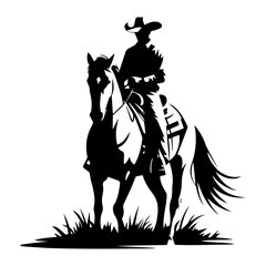 Fototapeta premium Vector silhouette of a cowboy riding a horse on grass isolated on white