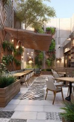 Fototapeta premium Outdoor cafe with wooden pergola, lush plants, and modern furniture