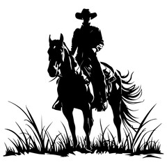 Fototapeta premium Vector silhouette of a cowboy riding a horse on grass isolated on white