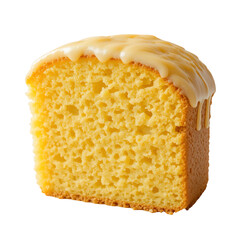 Close up of a slice of yellow cake with a light colored glaze The cake has a crumbly texture