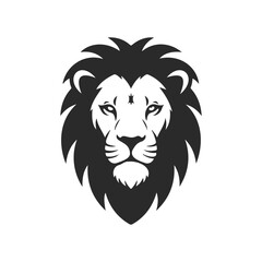 Fototapeta premium Bold lion face logo with majestic mane in black silhouette on white background