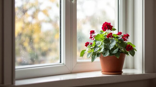 Red geranium in a pot on the windowsill with rain outside  
