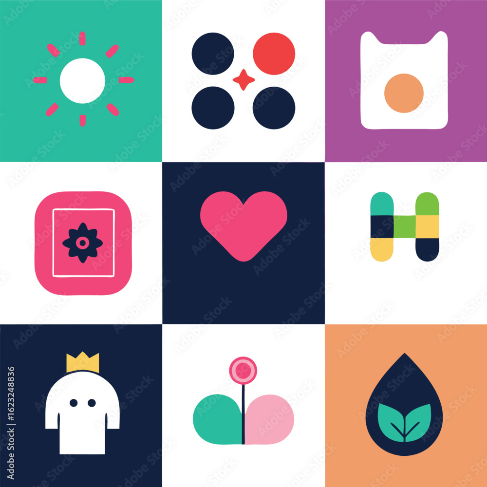 Poster colorful minimalist icon set representing various concepts and designs in square grids