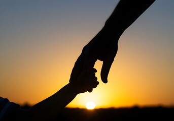  Father and child reaching for each other at sunset. Emotional Father's Day moment showing connection and loving bond between dad and kid in dramatic silhouette.