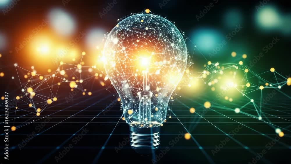Poster a glowing light bulb made of interconnected nodes and particles symbolizing innovation and creativit