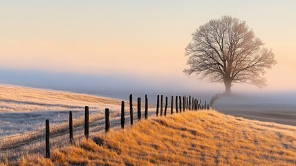 Tranquil morning view of a fog-covered farm field with a lone tree standing near the horizon and fence posts fading into the fog. Autumn