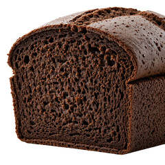 Close up of a sliced dark chocolate loaf cake showing its porous texture and rich brown color