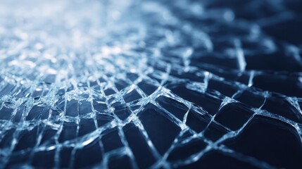 A close-up view of a cracked glass surface, showcasing intricate patterns and reflections in a blurred background.