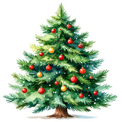 Watercolor Painted Christmas Tree with Red Baubles and Snow-Dusted Branches, Artistic Style, Isolated on Transparent Background