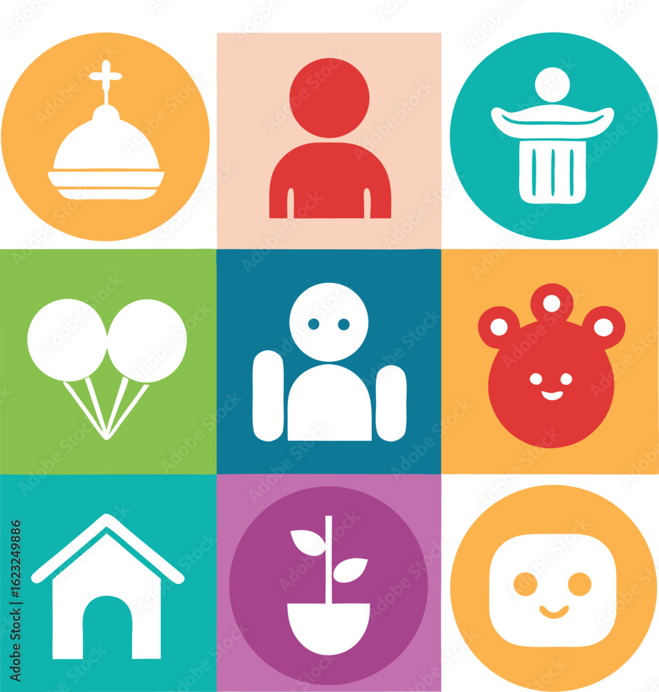 Poster colorful vector icons illustrating various concepts and themes on a grid