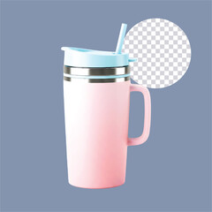 A pink mug with a blue lid and straw stands against a gray background