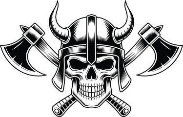 Viking Skull With Crossed Axes And Horned Helmet