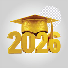 Golden "2026" with a graduation cap atop, against a soft grey background, rendered in a celebratory