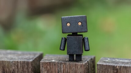 A small, black robot figurine stands on a wooden fence, with a blurred green background, giving a playful and whimsical appearance.