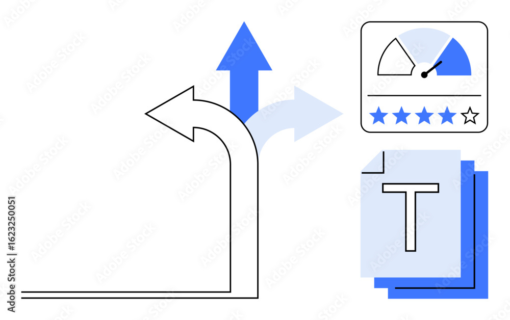 Poster three directional arrows representing choices, performance gauge with stars, and stacked text docume