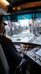 Naklejka premium Bus driver focused on steering city bus on route, with visible dashboard controls and urban street through the windshield. Daytime city commute and public transportation service.
