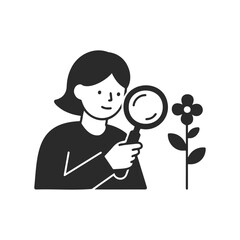 Female cartoon exploring flower with magnifying glass