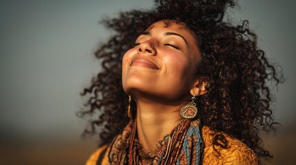 A joyful woman with curly hair enjoys the sunlight, exuding happiness and serenity in a natural outdoor setting.