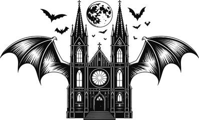Gothic Cathedral With Bat Wings And Full Moon church