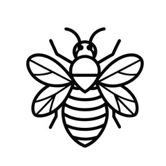 A minimalist, graphic illustration of a bee in black outline on a white background, showcasing segmented body and patterned wings.