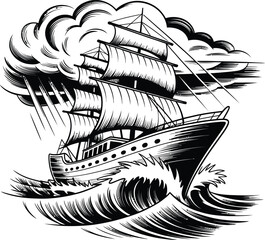Sailing Ship In Stormy Seas With Clouds boat ocean