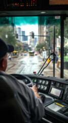 Bus driver focused on steering city bus on route, with visible dashboard controls and urban street through the windshield. Daytime city commute and public transportation service.