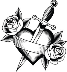 Heart pierced by a dagger with roses and ribbon knife