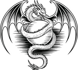 Dragon coiled around a sphere with wings spread mythical creature