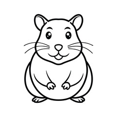 A simple black and white outline drawing of a cute, plump hamster with big eyes and whiskers, ready for coloring.
