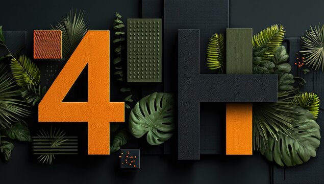 Bold orange numbers 4 and H, surrounded by dark green foliage and geometric shapes on a black background - Powered by Adobe