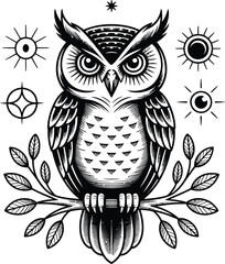 Black and white owl with celestial symbols bird stars