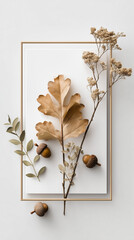 An elegant autumn card mockup featuring vintage leaf motifs and serifs, creating a dynamic, floating effect. Perfect for luxury branding or nostalgic autumn promotions. The composition looks light, cl