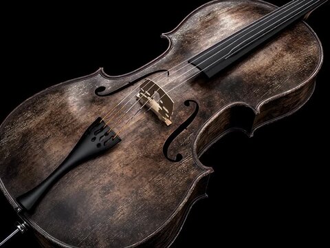 Artistic display of vintage cellos in a row over black background for music concept