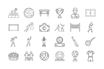 Volleyball Icon Set. Sports, volleyball court, players, referee, volleyball ball, trophy, game equipment, fitness, team, competition, injury kit, and more. Editable stroke. Vector illustration.