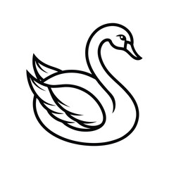 A stylized illustration of a graceful swan with a black outline, white body, and a pink beak, set against a white background.