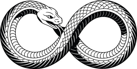 Snake forming infinity symbol in black and white serpent