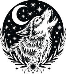 Wolf howling at the moon with stars and laurel wreath