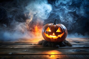 Closeup of a glowing carved pumpkin with smoke and fire on halloween